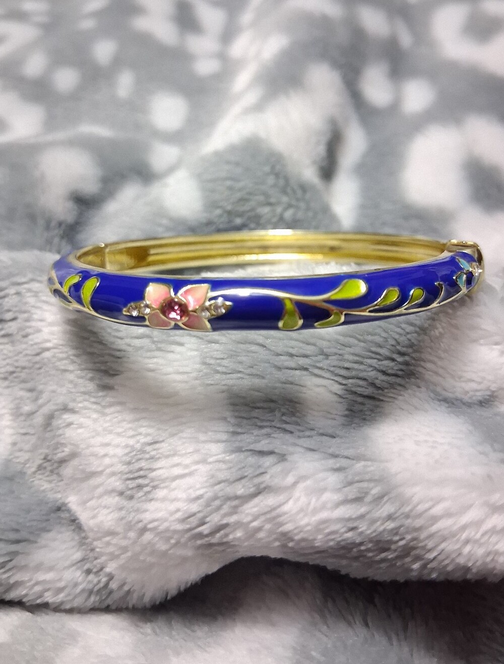 Blue Enamel Floral Bangle Gold Bracelet